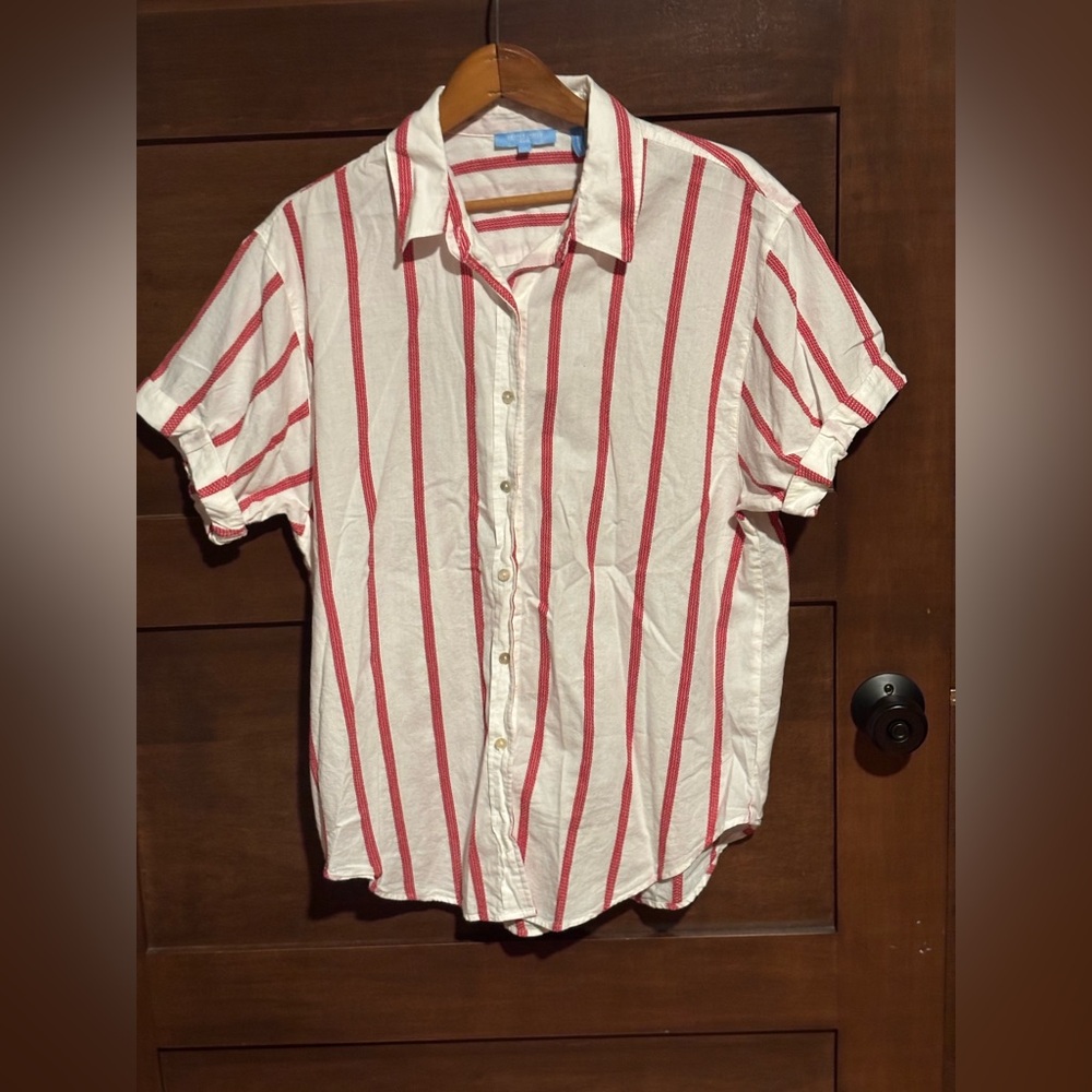 Draper James White Button-Down Shirt with Red Stripes 100% Cotton